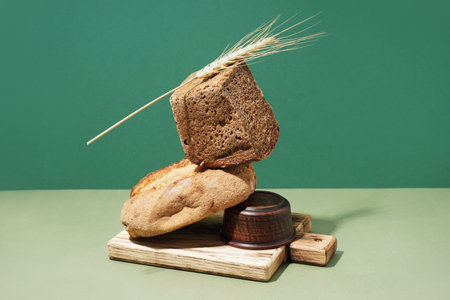 Board with loaves of fresh bread and wheat ear on green tableの写真素材