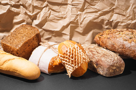 Loaves of different fresh bread on black table near parchment
