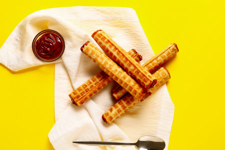 Napkin with delicious wafer rolls and bowl of boiled condensed milk on yellow background