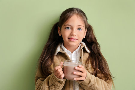 Little girl with tasty chocolate milk on color backgroundの写真素材