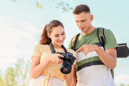 Couple of tourists on city streetの写真素材