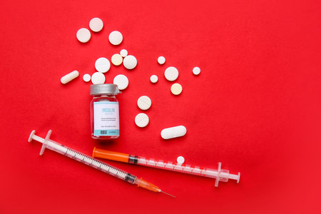 Bottle of insulin with syringes and pills on color background. Diabetes concept