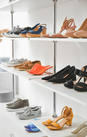 Shelves with stylish shoes in modern storeの写真素材