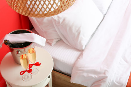 Glasses of champagne and ice bucket on table in hotel roomの写真素材