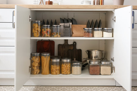 Shelves with utensils and glass jars with products in cupboardの写真素材