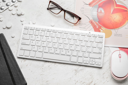 Computer keyboard, mouse and drawing scheme of human eye on light background