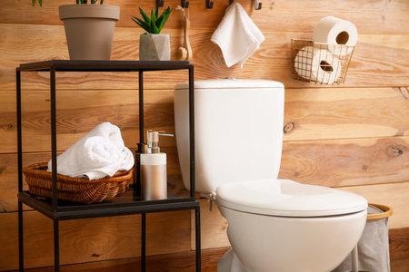 Modern toilet bowl in the interior of stylish bathroomの写真素材
