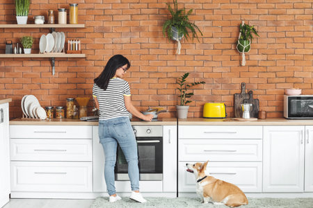 Woman with cute corgi dog in kitchen at homeの写真素材