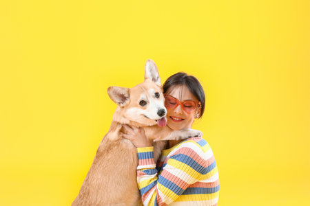 Woman with cute corgi dog on color backgroundの写真素材