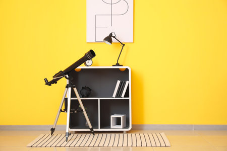 Interior of modern room with telescopeの写真素材