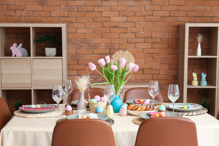 Interior of dining room with table served for Easter celebration