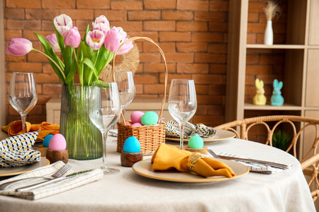 Interior of dining room with table served for Easter celebrationの写真素材