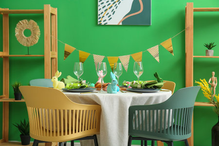 Interior of dining room with table served for Easter celebration