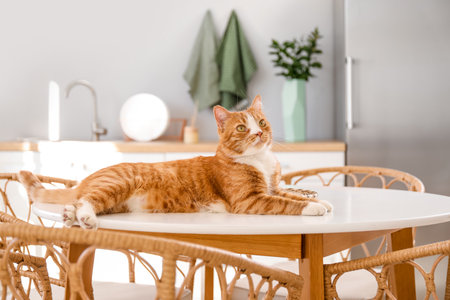 Cute red cat lying on dining table in kitchenの写真素材