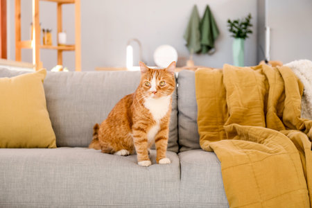 Cute red cat sitting on gray couch at homeの写真素材