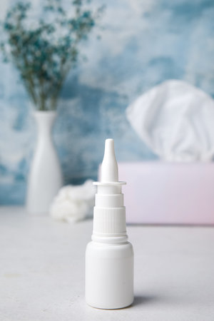Nasal drops on white table. Seasonal allergy conceptの写真素材