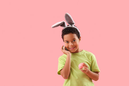 African-American little boy in bunny ears with Easter eggs on pink background