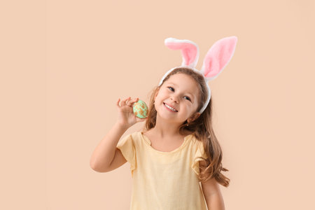 Cute little girl in bunny ears with Easter egg on beige background