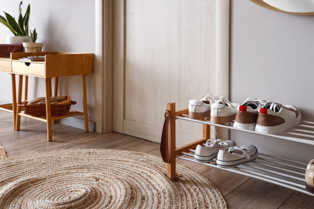 Stand with shoes in light hallの写真素材