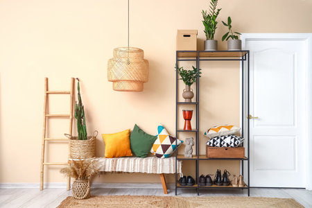 Interior of hall with shelving unit and benchの写真素材