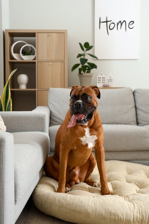 Boxer dog sitting on pet bed at homeの写真素材