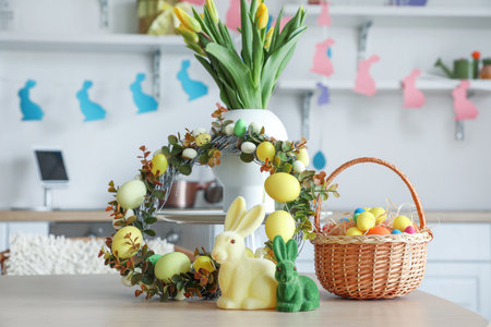 Vase with tulips, Easter wreath, rabbits and basket of eggs on table in kitchen