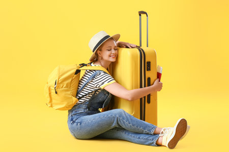 Young woman with suitcase on color background. travel conceptの写真素材
