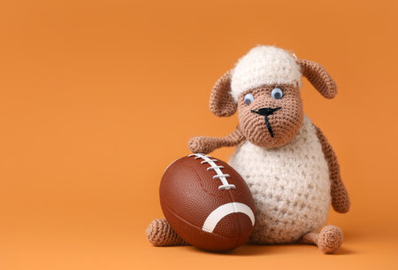 Rugby ball with kid toy on color backgroundの写真素材