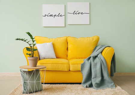 Stylish interior of room with cozy sofa