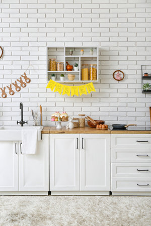 Interior of modern kitchen decorated for Easter celebrationの写真素材