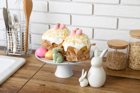 Dessert stand with Easter cakes, painted eggs and bunnies on kitchen counter