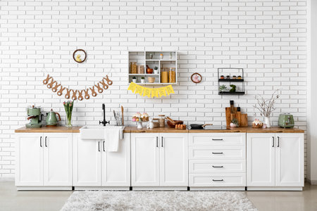 Interior of modern kitchen decorated for Easter celebration