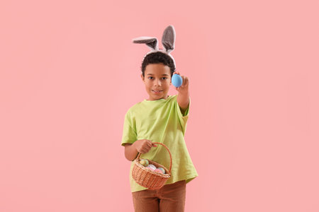 African-American little boy in bunny ears with basket of Easter eggs on pink background