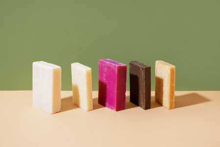 Set of natural soap bars on color tableの写真素材
