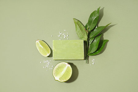 Composition with natural soap bar, lime, sea salt and plant branch on green backgroundの写真素材