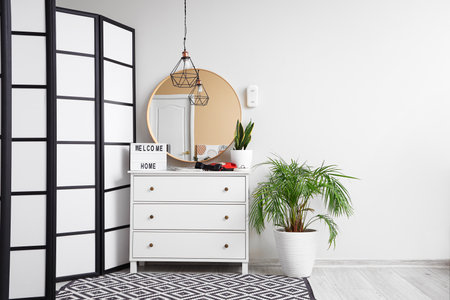 Interior of light hall with commode and mirrorの写真素材
