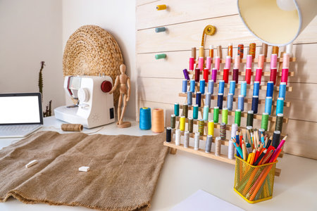 Tailor's workplace with thread spools, sewing machine and laptop in atelierの写真素材