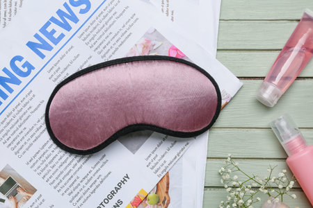 Newspapers, sleeping mask and cosmetics on wooden backgroundの写真素材