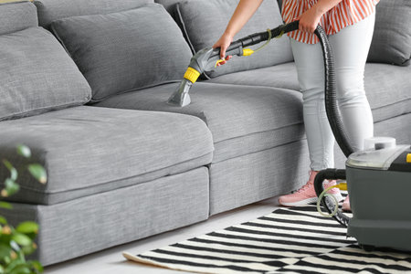 Woman removing dirt from sofa at homeの写真素材