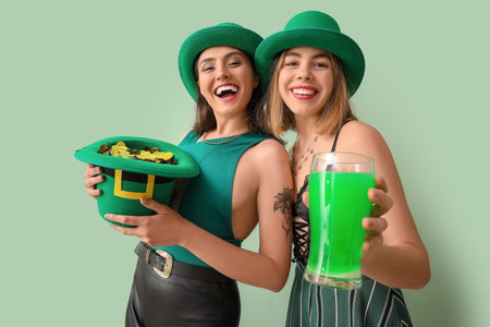 Young women with leprechaun's hat and glass of beer on light background. St. Patrick's Day...