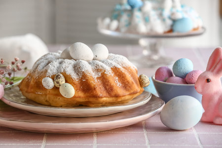 Plate with tasty Easter cake and painted eggs on pink tile table