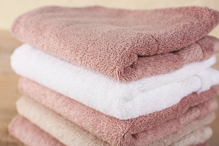 Stack of folded soft towels, closeupの写真素材
