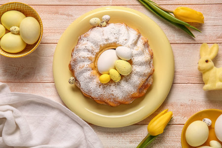 Composition with tasty Easter cake, painted eggs and tulip flowers on light wooden background