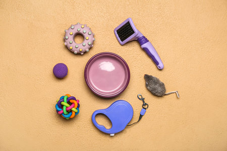 Pet care accessories and bowl on color backgroundの写真素材