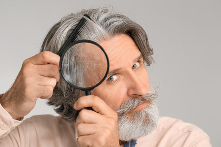 Mature man with magnifier combing hair on gray backgroundの写真素材