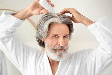 Mature man using serum for hair loss treatment near mirrorの写真素材