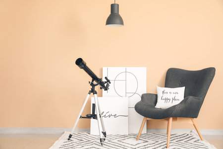 Interior of modern room with telescopeの写真素材