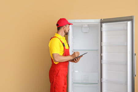 Worker of repair service near fridge on color backgroundの写真素材