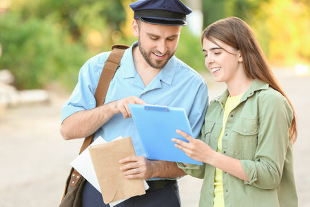 Woman parcel receiving from postman outdoorsの写真素材