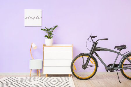 Interior of modern room with bicycle and chest of drawers